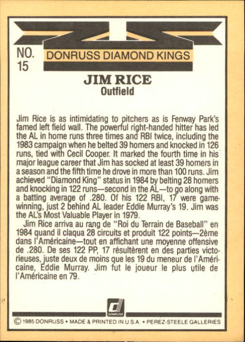 1985 Leaf/Donruss #15 Jim Rice DK back image