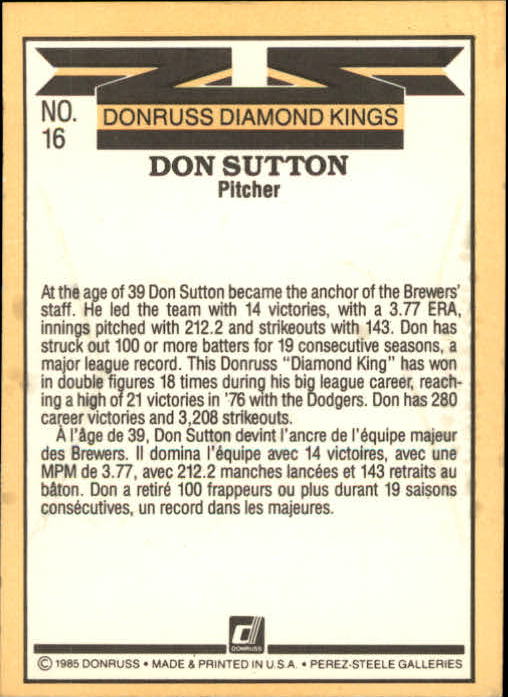 1985 Leaf/Donruss #16 Don Sutton DK back image