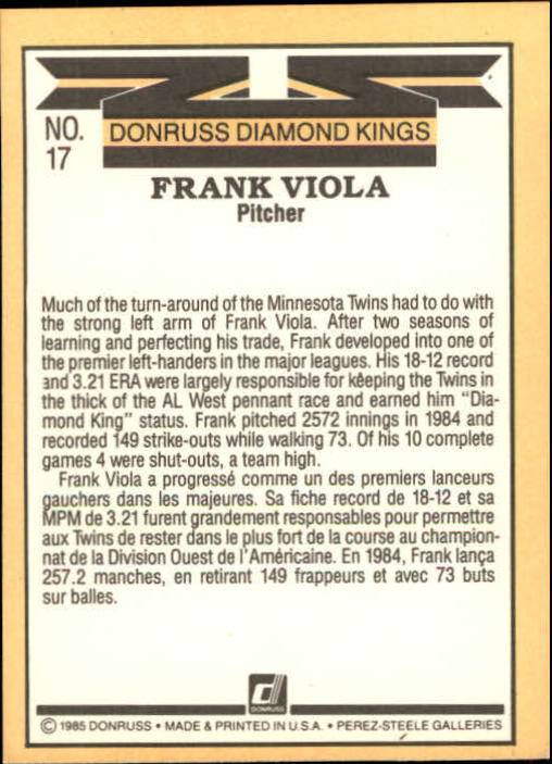1985 Leaf/Donruss #17 Frank Viola DK back image