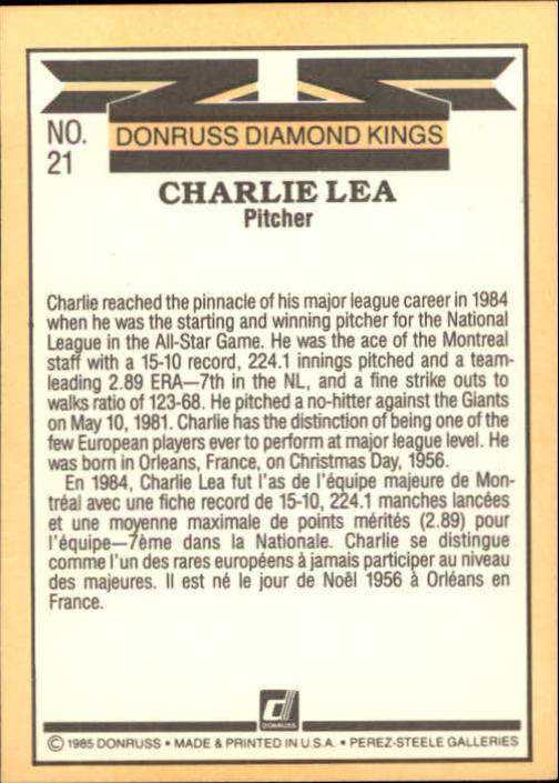 1985 Leaf/Donruss #21 Charlie Lea DK back image