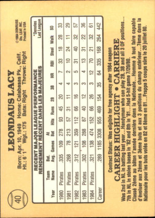 1985 Leaf/Donruss #40 Lee Lacy back image