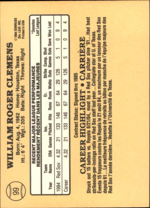 1985 Leaf/Donruss #99 Roger Clemens RC back image