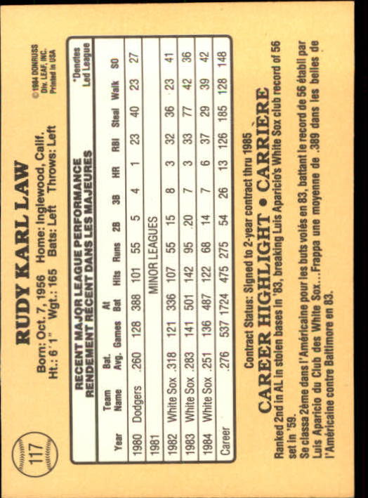 1985 Leaf/Donruss #117 Rudy Law back image