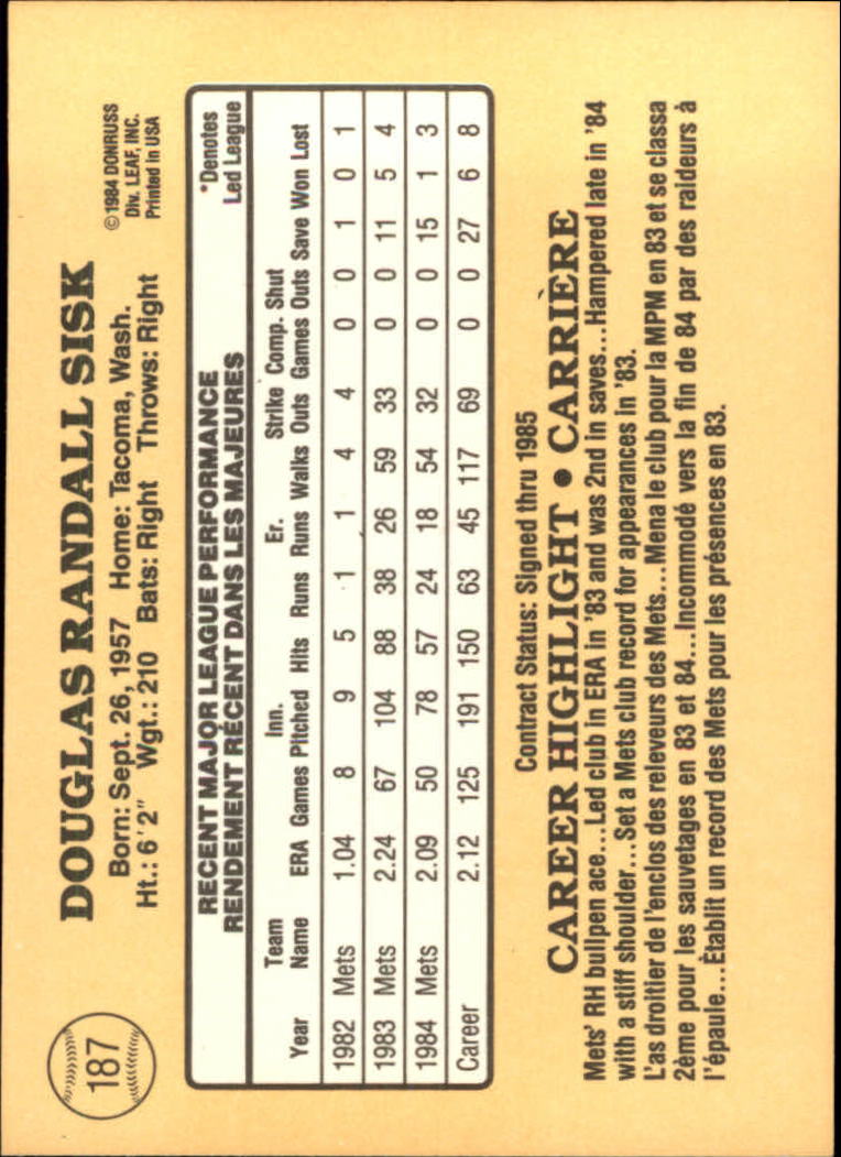 1985 Leaf/Donruss #187 Doug Sisk back image