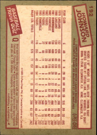 1985 O-Pee-Chee #192 Howard Johnson/Traded to Mets 12-7-84 back image