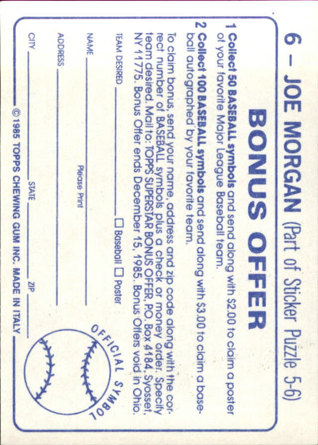 1985 Topps Stickers #6 Joe Morgan/(Bottom half) back image