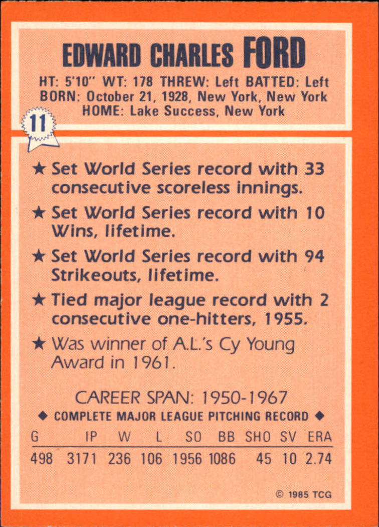 1985 Woolworth's Topps #11 Whitey Ford back image