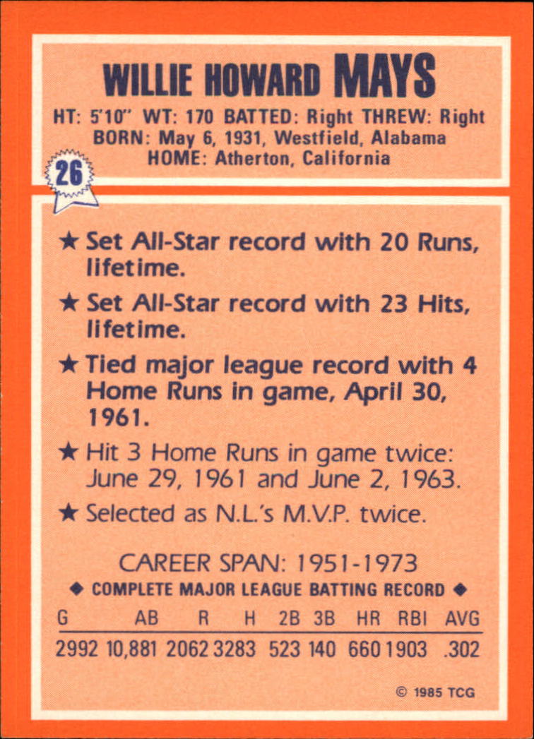 1985 Woolworth's Topps #26 Willie Mays back image