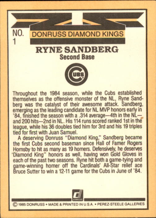 1985 Donruss #1 Ryne Sandberg DK back image
