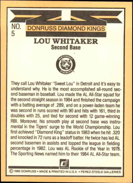 1985 Donruss #5 Lou Whitaker DK back image