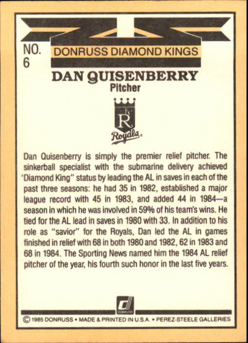 1985 Donruss #6 Dan Quisenberry DK back image