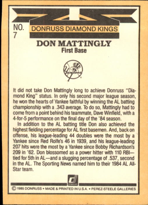 1985 Donruss #7 Don Mattingly DK back image