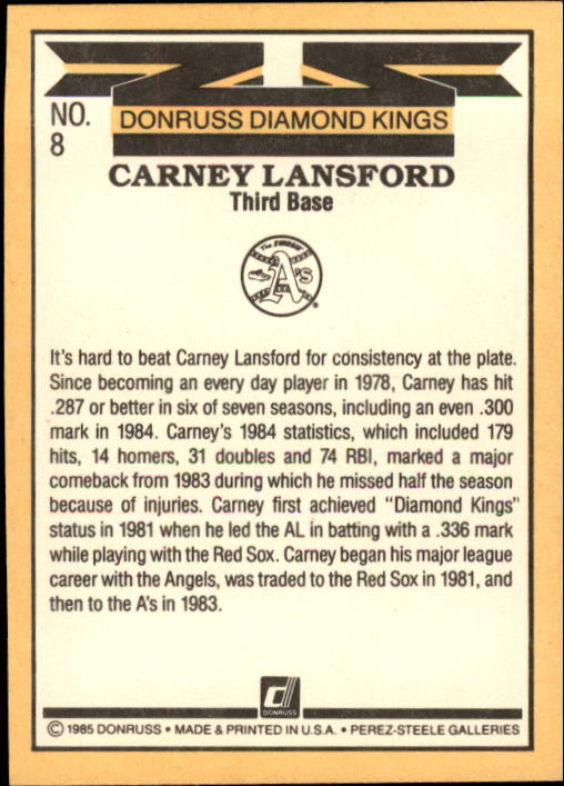 1985 Donruss #8 Carney Lansford DK back image