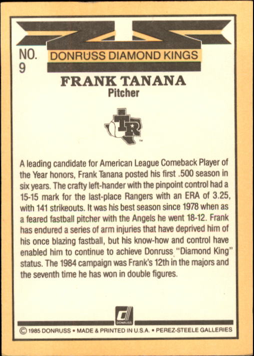 1985 Donruss #9 Frank Tanana DK back image