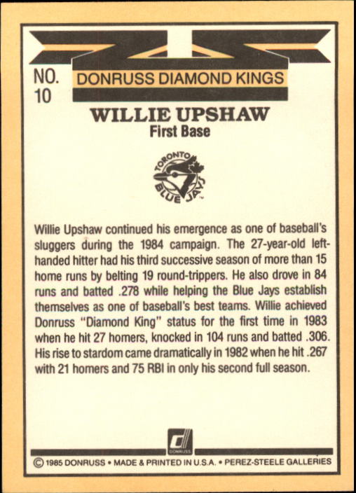 1985 Donruss #10 Willie Upshaw DK back image