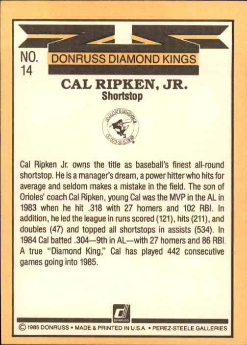 1985 Donruss #14 Cal Ripken DK back image