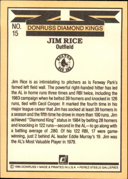 1985 Donruss #15 Jim Rice DK back image