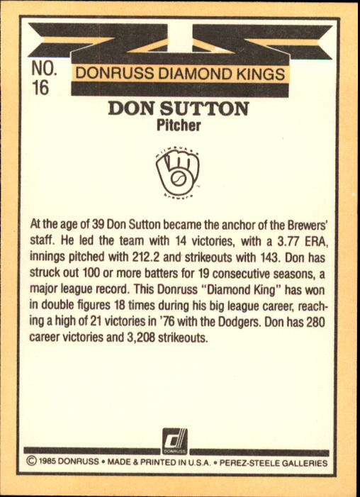 1985 Donruss #16 Don Sutton DK back image