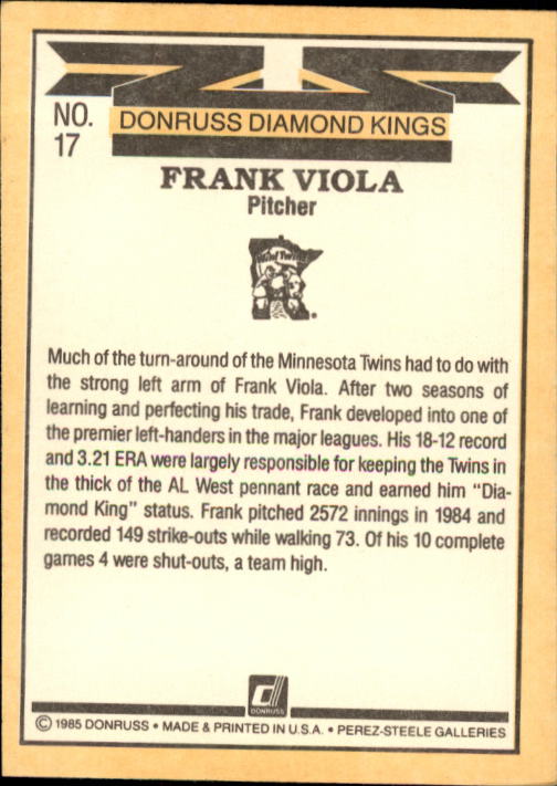 1985 Donruss #17 Frank Viola DK back image
