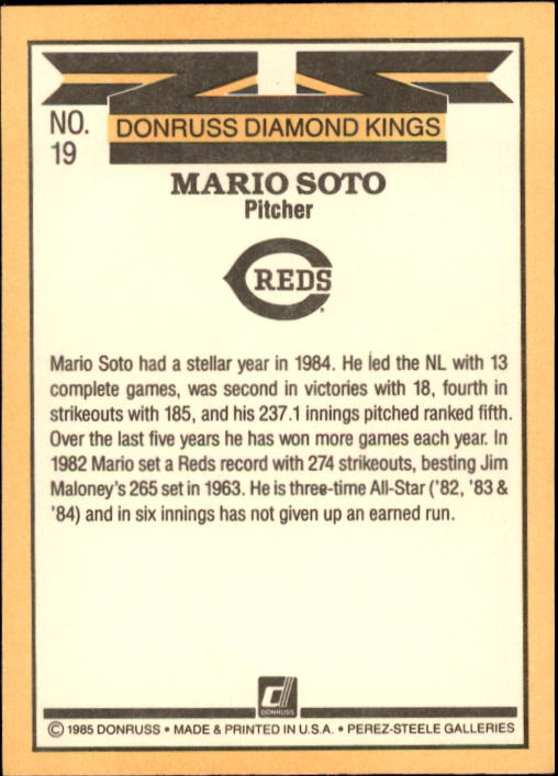 1985 Donruss #19 Mario Soto DK back image