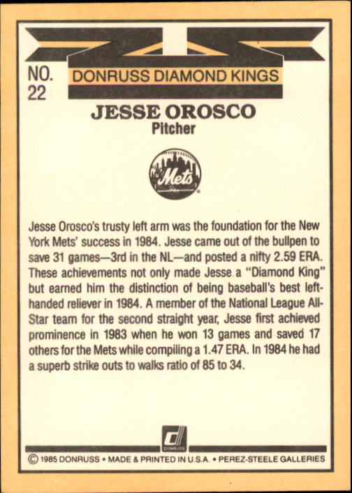 1985 Donruss #22 Jesse Orosco DK back image