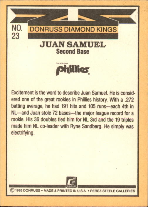 1985 Donruss #23 Juan Samuel DK back image
