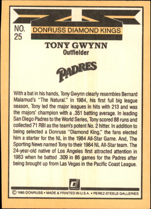 1985 Donruss #25 Tony Gwynn DK back image