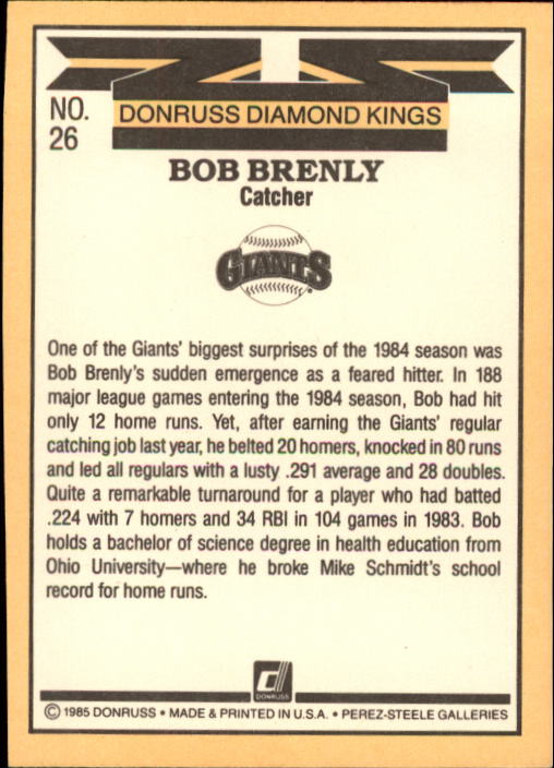 1985 Donruss #26 Bob Brenly DK back image