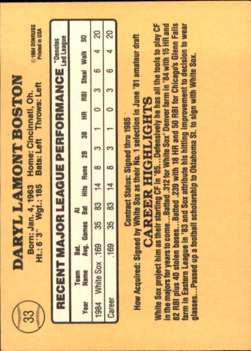 1985 Donruss #33 Daryl Boston RC back image