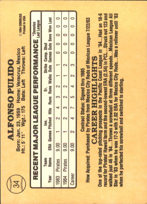 1985 Donruss #34 Al Pulido RC back image