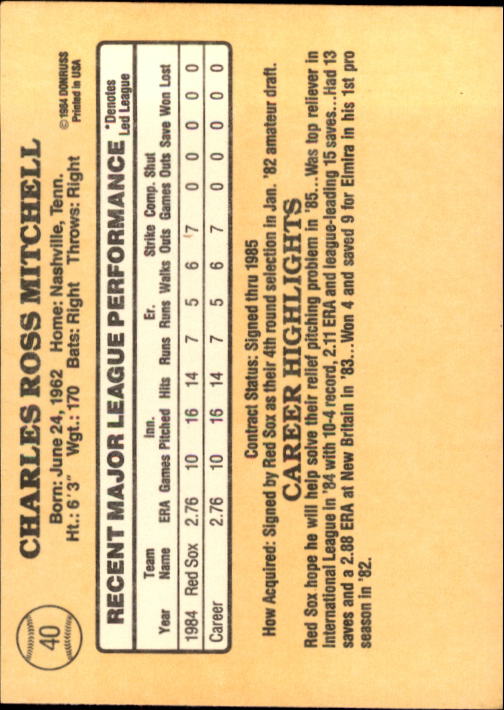 1985 Donruss #40 Charlie Mitchell RC back image