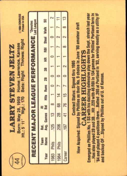 1985 Donruss #44 Steve Jeltz RC back image
