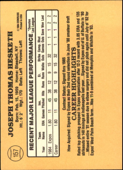 1985 Donruss #157 Joe Hesketh back image