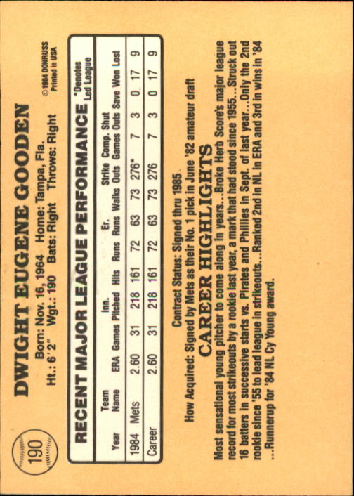 1985 Donruss #190 Dwight Gooden RC back image