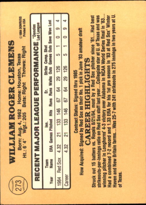 1985 Donruss #273 Roger Clemens RC back image