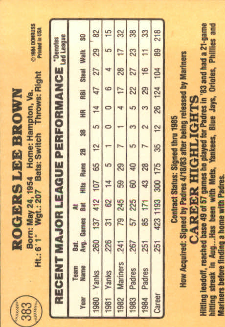 1985 Donruss #383 Bobby Brown back image
