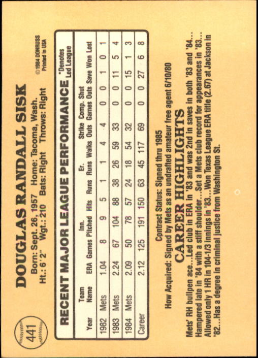 1985 Donruss #441 Doug Sisk back image