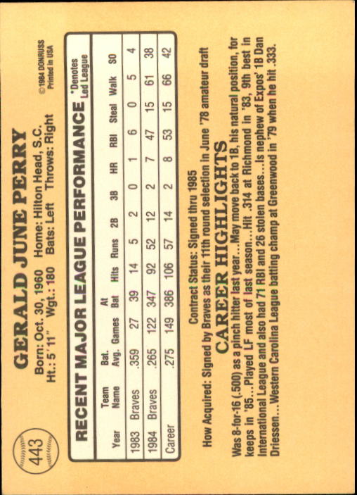 1985 Donruss #443 Gerald Perry back image