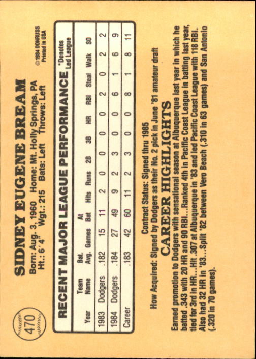 1985 Donruss #470 Sid Bream RC back image