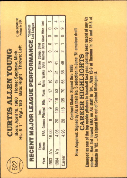 1985 Donruss #522 Curt Young back image