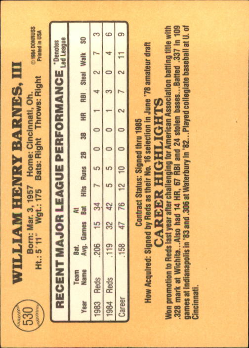 1985 Donruss #530 Skeeter Barnes RC back image