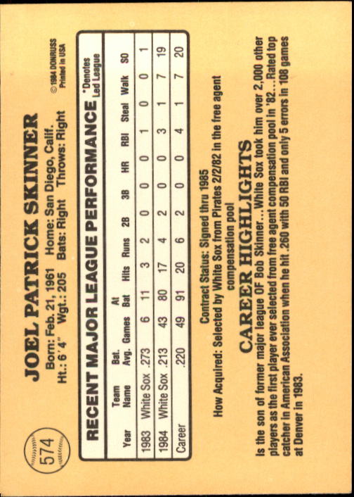 1985 Donruss #574 Joel Skinner back image