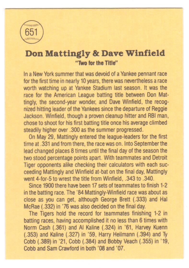 1985 Donruss #651A Two for the Title/Dave Winfield/Don Mattingly/Yellow letters back image