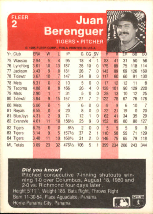 1985 Fleer #2 Juan Berenguer back image