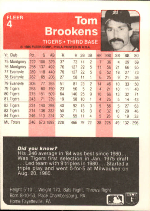 1985 Fleer #4 Tom Brookens back image