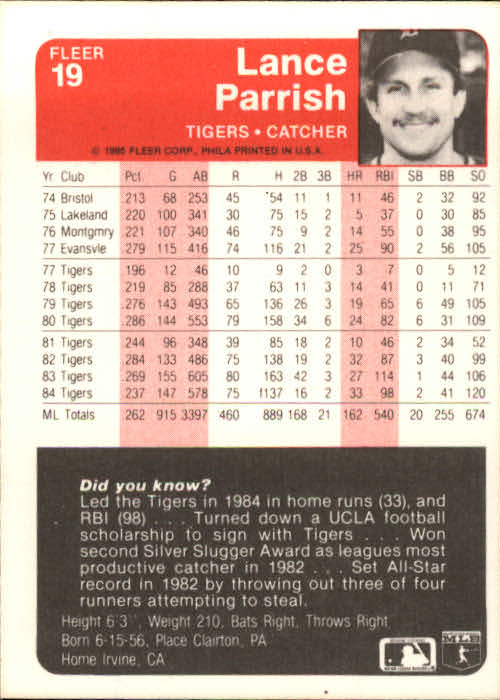 1985 Fleer #19 Lance Parrish back image