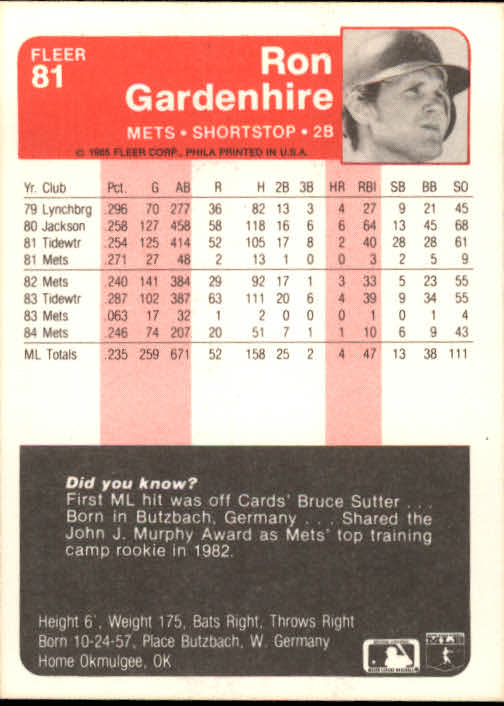 1985 Fleer #81 Ron Gardenhire back image