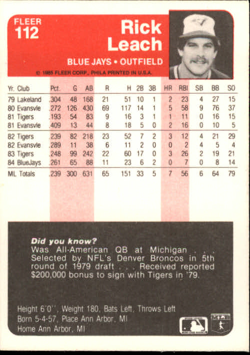 A1071- 1985 Fleer Baseball Card #s 1-250 +Rookies -You Pick- 15+ FREE US SHIP - Picture 185 of 431