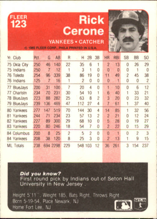 A1071- 1985 Fleer Baseball Card #s 1-250 +Rookies -You Pick- 15+ FREE US SHIP - Picture 207 of 431