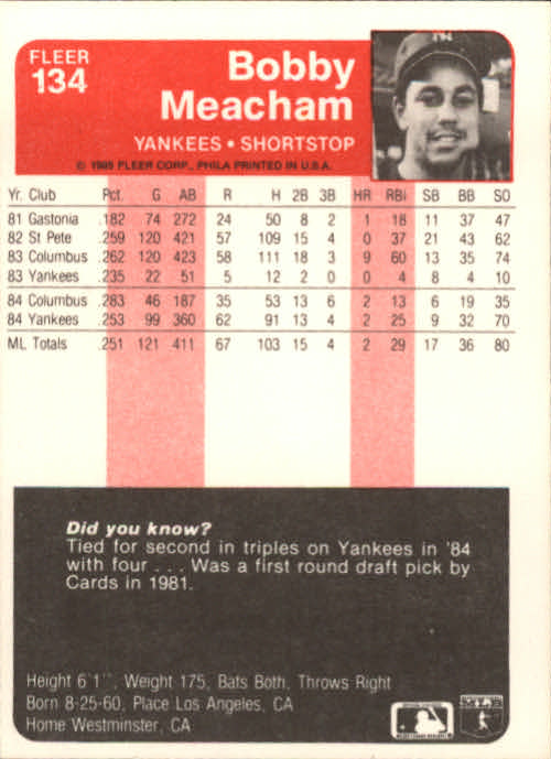 1985 Fleer #134 Bobby Meacham back image